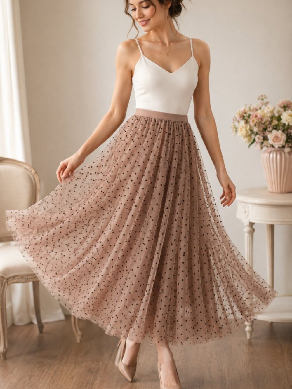 Elegant Two-Layer Midi Skirt – Khaki Velvet Polka Dots on Sheer Mesh – Size M -